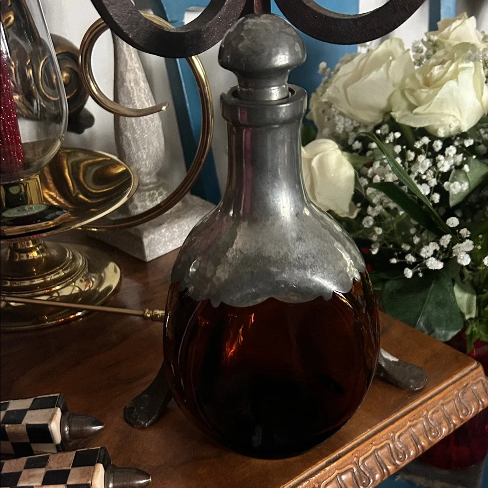 Vintage Royal Holland Daalderop Hammered Pewter & Amber Glass Decanter